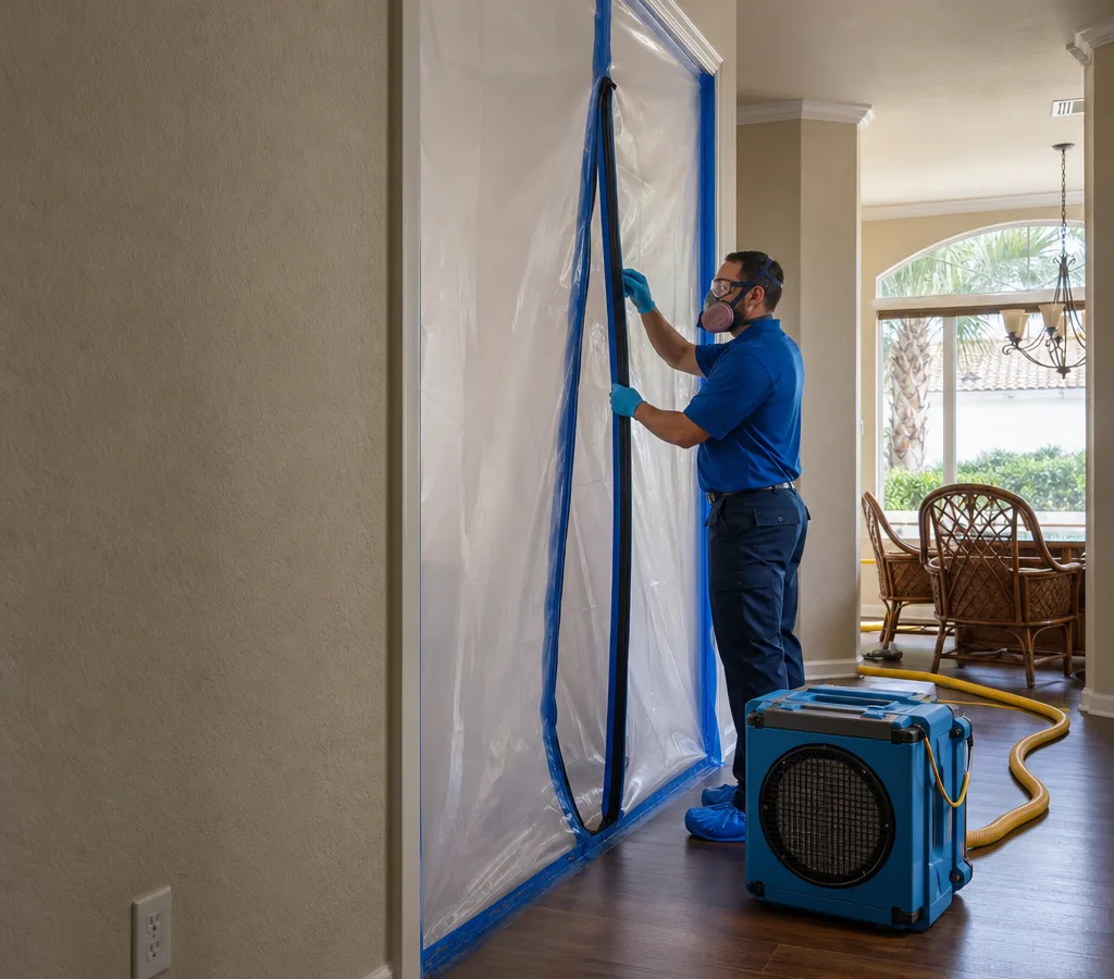 Technician in PPE setting up containment and a HEPA air scrubber in a Sarasota home hallway