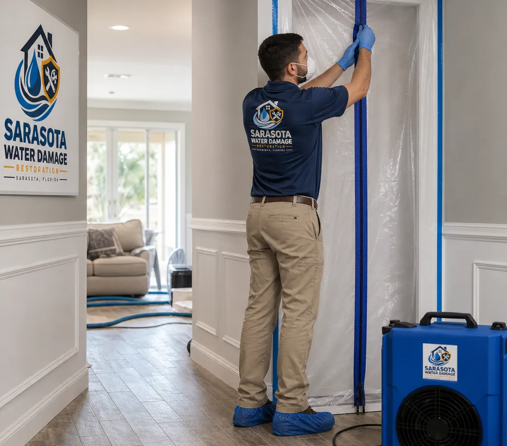 Technician in PPE setting up containment and a HEPA air scrubber in a Sarasota home hallway