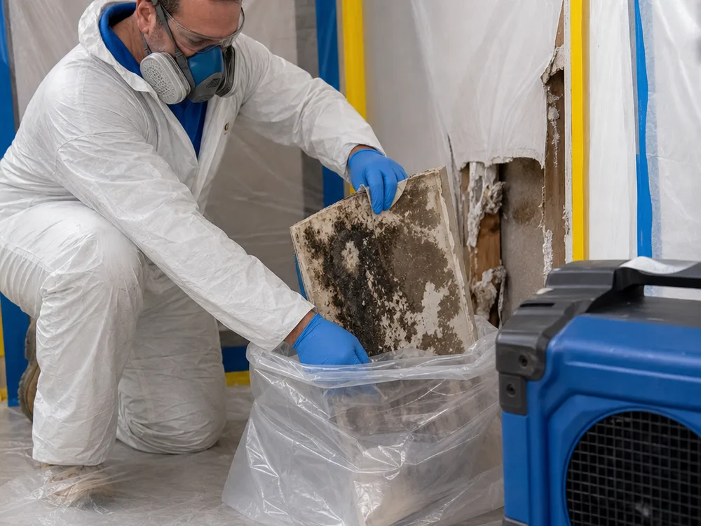 Contained mold-removal work area with poly sheeting, HEPA filtration, and sealed debris bags