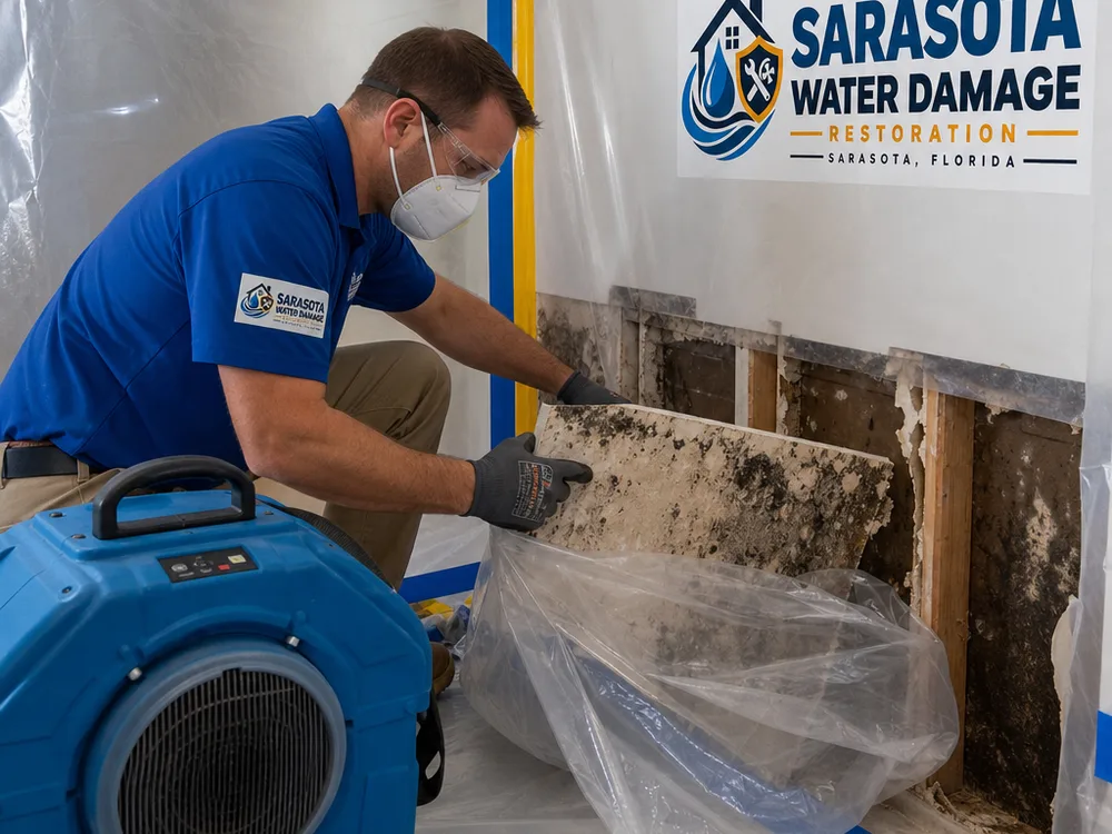 Contained mold-removal work area with poly sheeting, HEPA filtration, and sealed debris bags