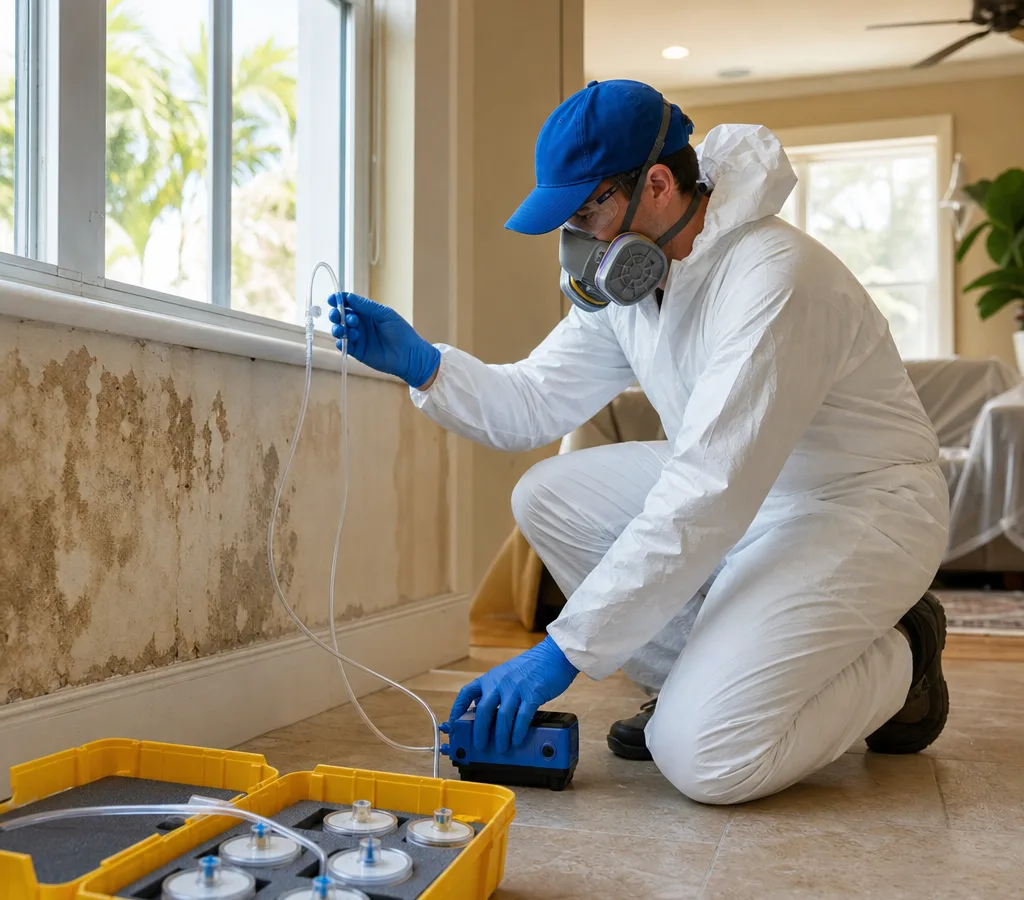 Inspector in protective gear collecting an air sample in a Sarasota home with moisture staining, sampling pump, and labeled cassettes