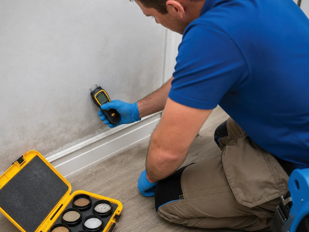 Technician measuring moisture near a baseboard with a pin moisture meter and labeled surface sample kit