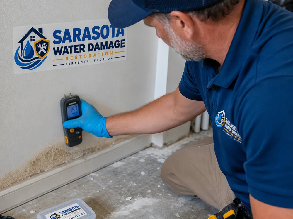 Technician measuring moisture near a baseboard with a pin moisture meter and labeled surface sample kit