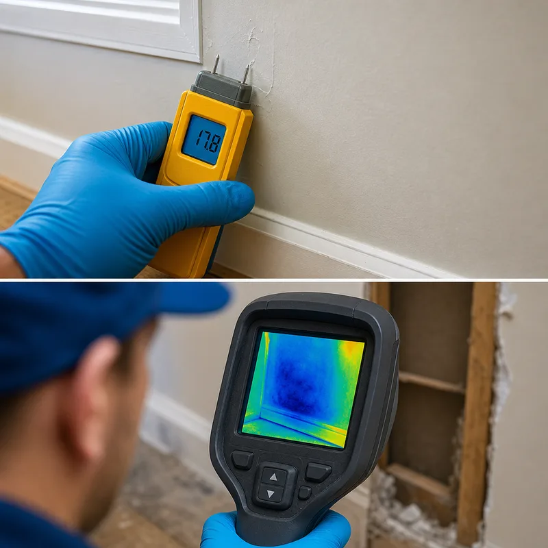Moisture meter and infrared camera identifying damp drywall near a baseboard in a Florida home