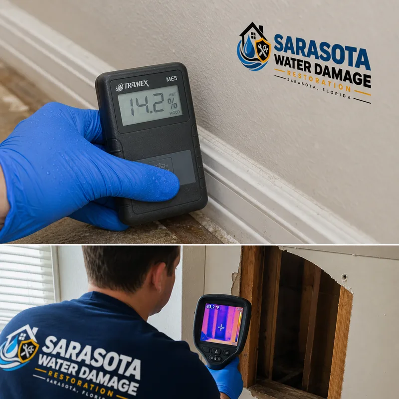 Moisture meter and infrared camera identifying damp drywall near a baseboard in a Florida home