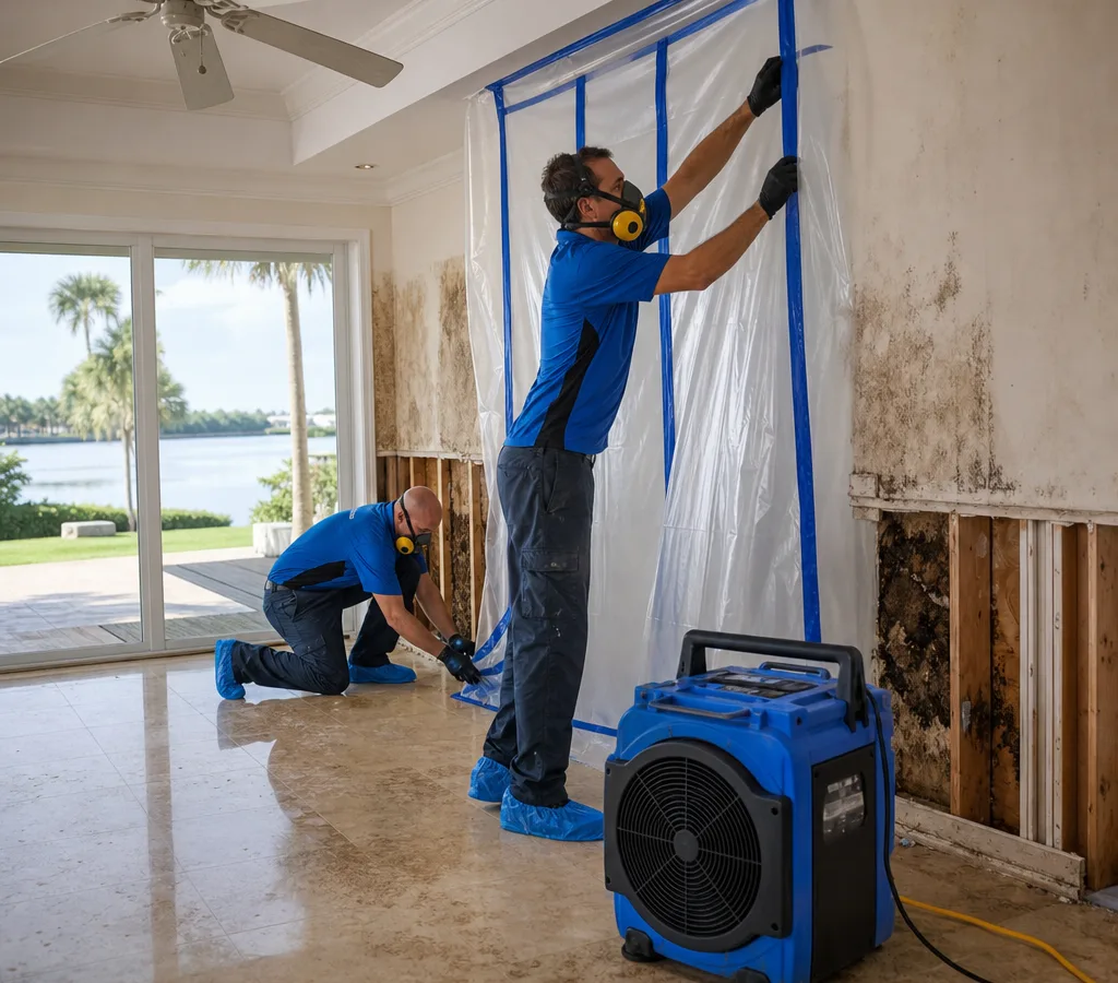 Technicians in PPE setting up plastic containment and a negative air machine near moisture-stained drywall in a Sarasota home