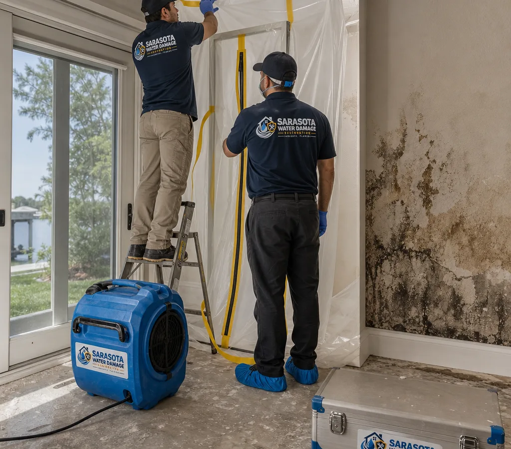 Technicians in PPE setting up plastic containment and a negative air machine near moisture-stained drywall in a Sarasota home