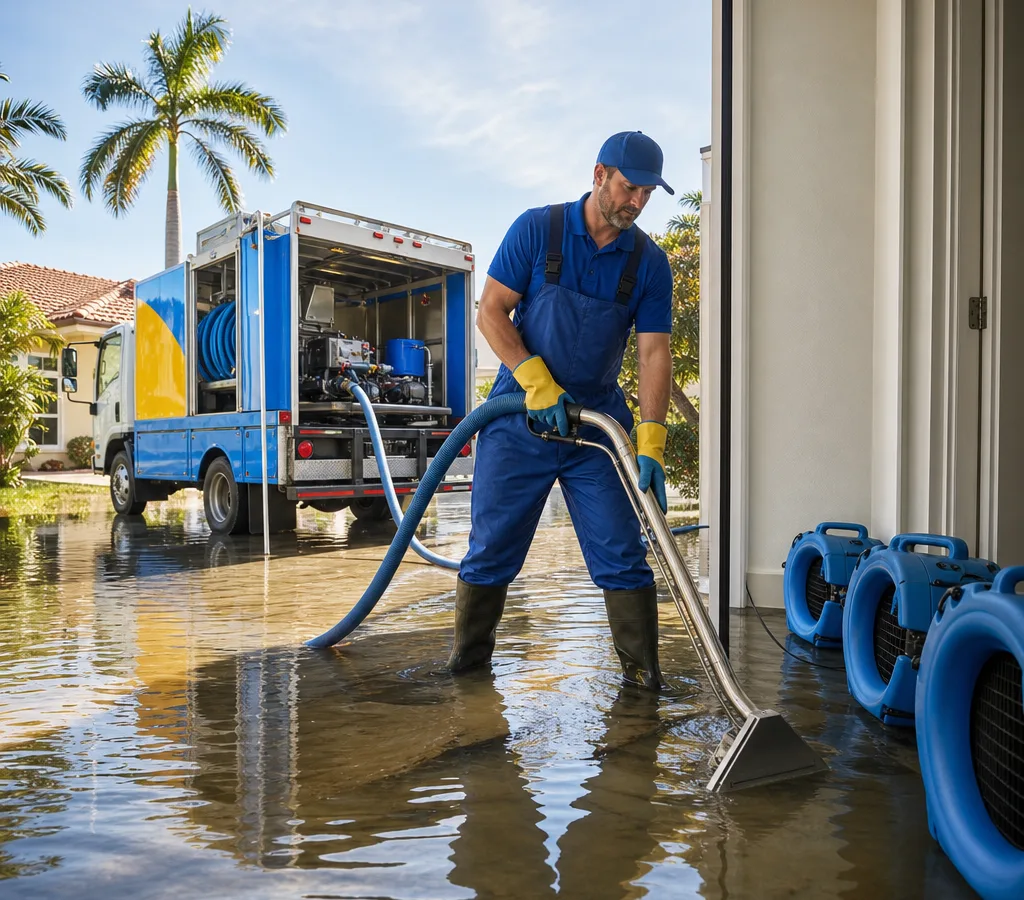 Technician extracting water from a flooded Sarasota home with air movers staged for drying