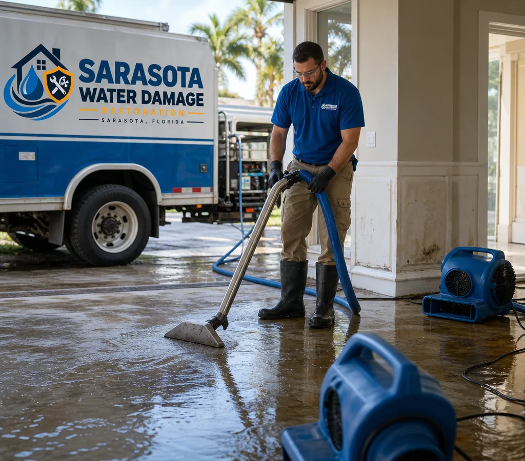 Technician extracting water from a flooded Sarasota home with air movers staged for drying