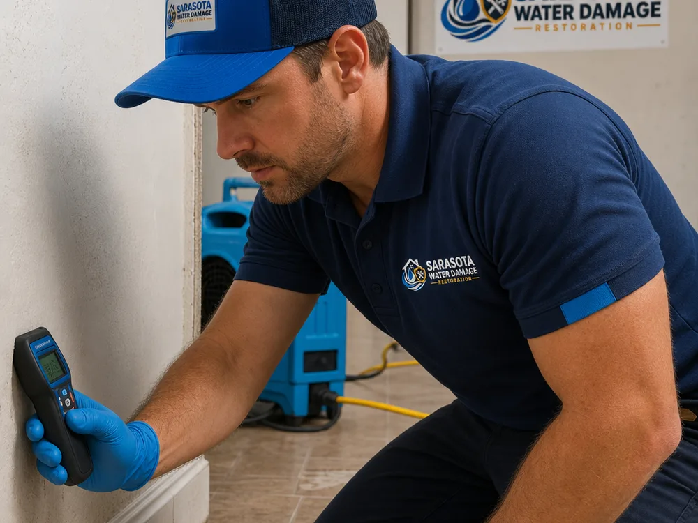 Technician taking moisture readings on baseboards and drywall while drying equipment operates
