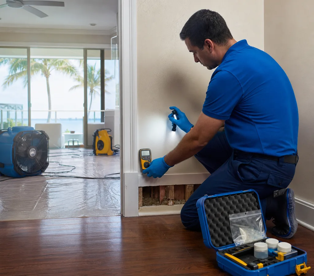Inspector using a moisture meter and flashlight at a Sarasota home's baseboard and drywall seam