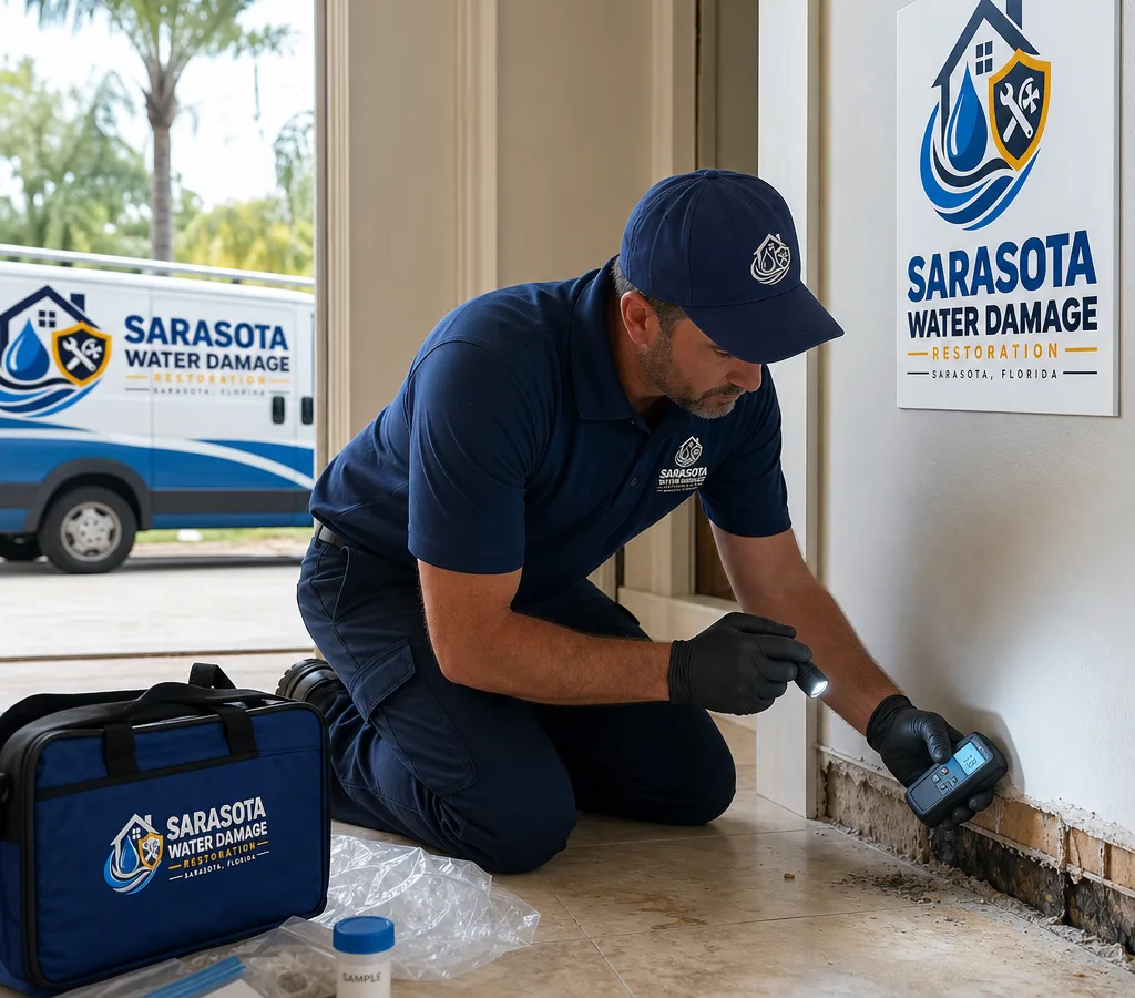 Inspector using a moisture meter and flashlight at a Sarasota home's baseboard and drywall seam