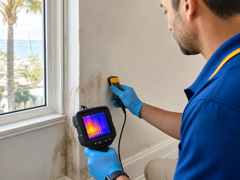 Technician taking a drywall moisture reading near a window while checking thermal camera results