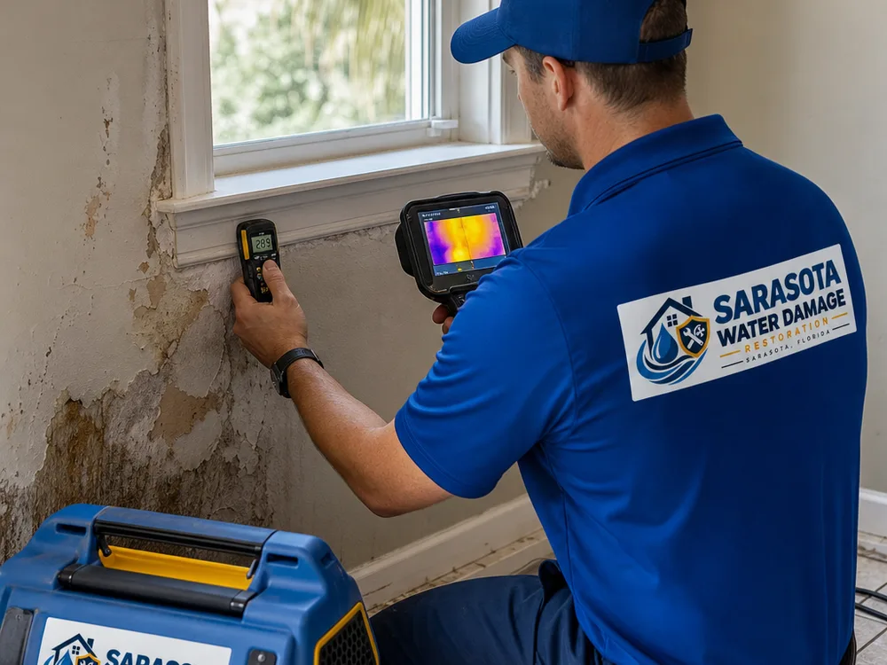Technician taking a drywall moisture reading near a window while checking thermal camera results
