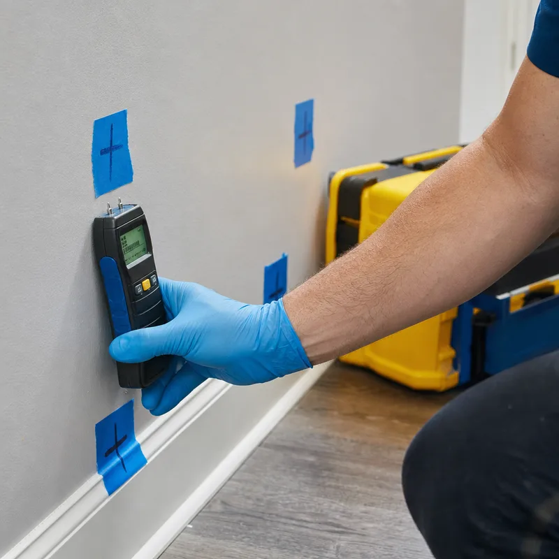 Technician taking moisture readings on marked drywall and baseboards with a moisture meter