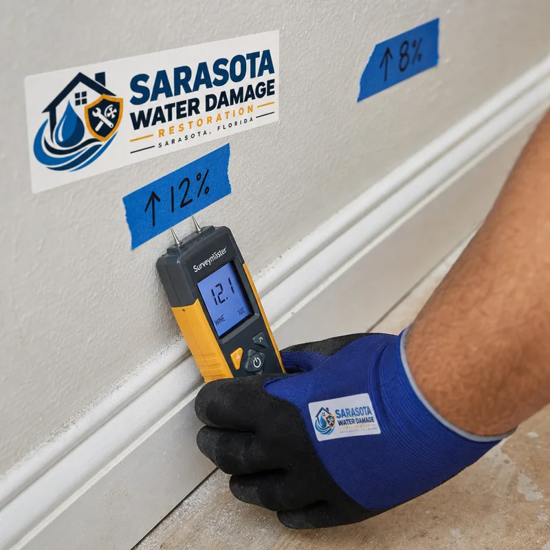 Technician taking moisture readings on marked drywall and baseboards with a moisture meter