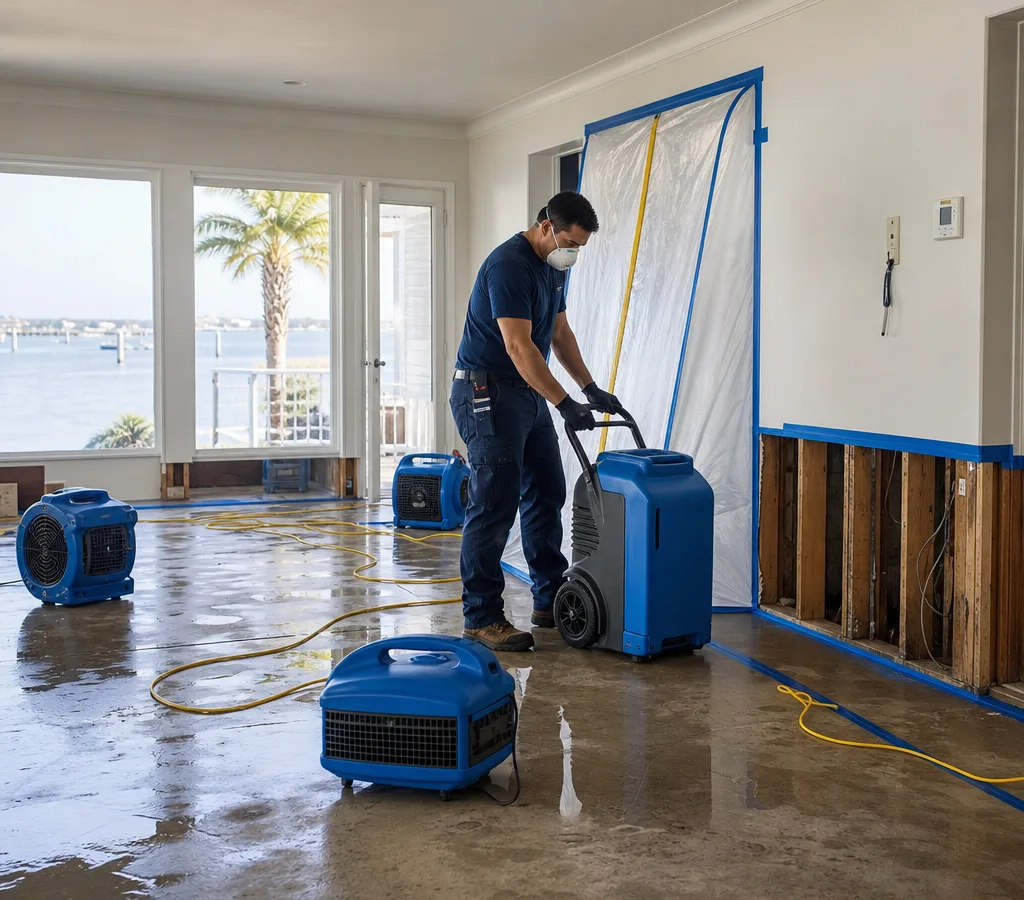 Technician using commercial drying equipment and moisture meters in a Sarasota home with water intrusion