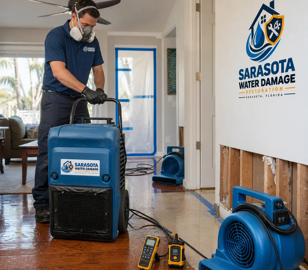 Technician using commercial drying equipment and moisture meters in a Sarasota home with water intrusion