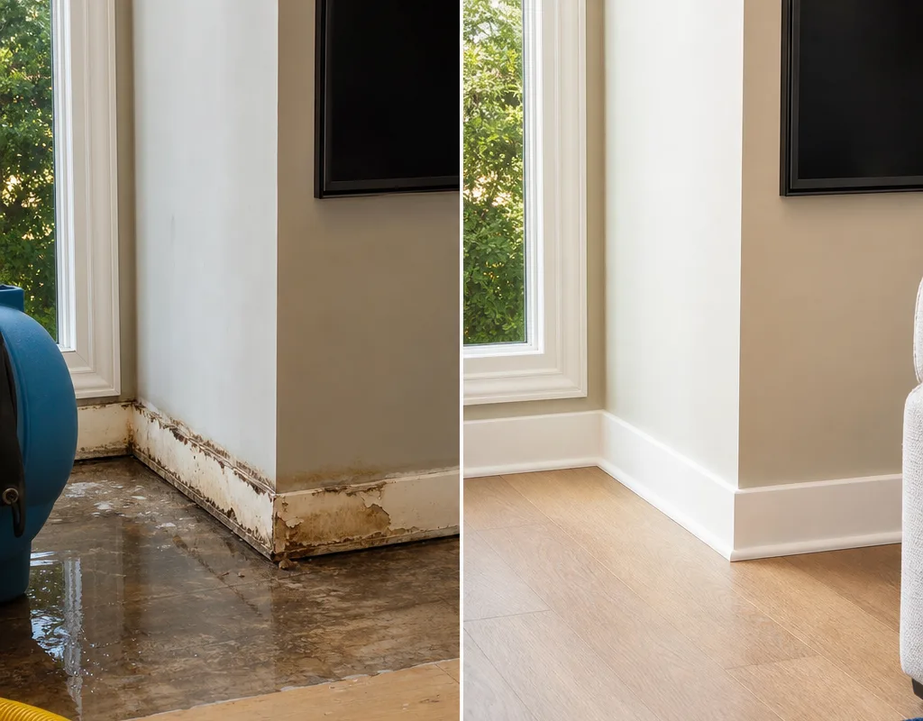 Before-and-after view of a Sarasota living room with water intrusion and the same area after drying and cleaning