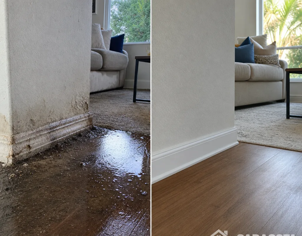 Before-and-after view of a Sarasota living room with water intrusion and the same area after drying and cleaning