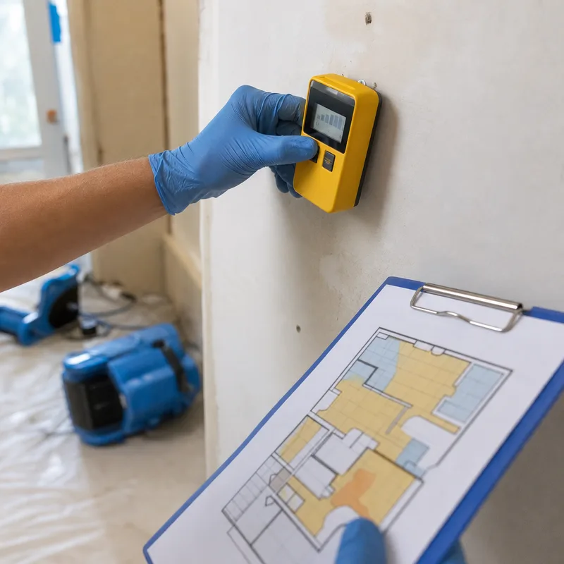 Moisture meter reading on drywall beside a documented moisture map