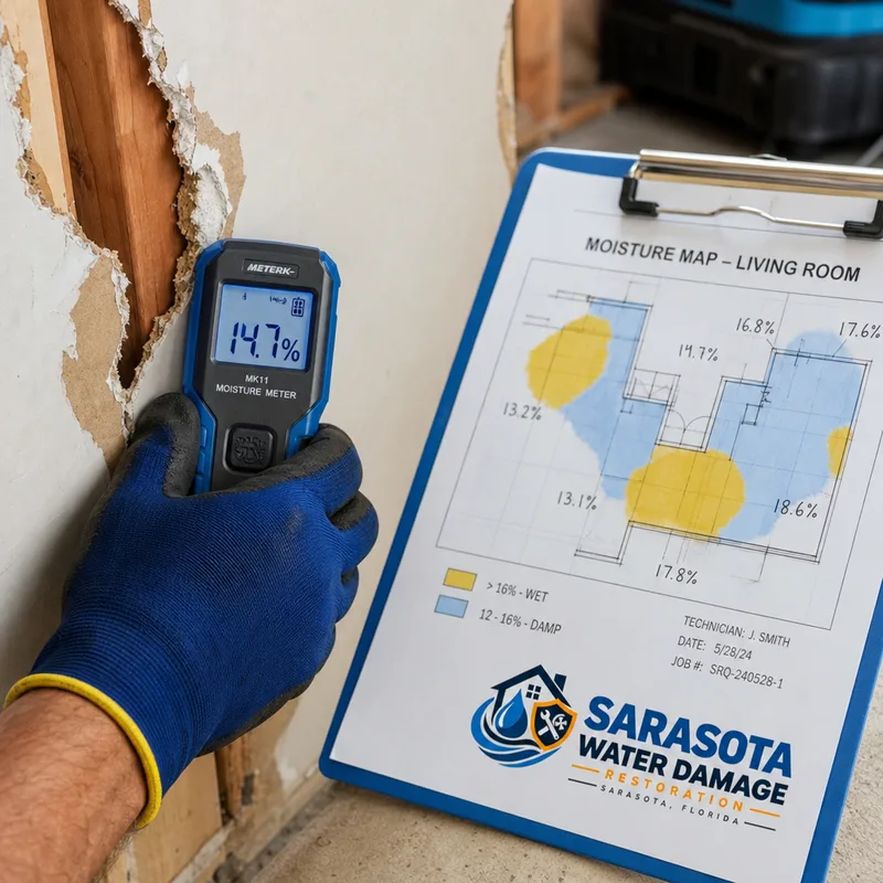 Moisture meter reading on drywall beside a documented moisture map