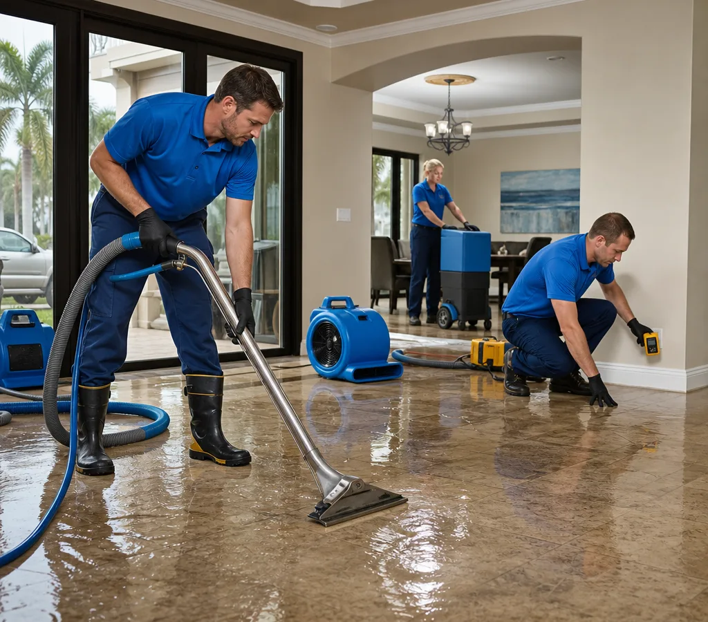 Technicians extracting standing water from a Sarasota home while using moisture meters with air movers staged nearby