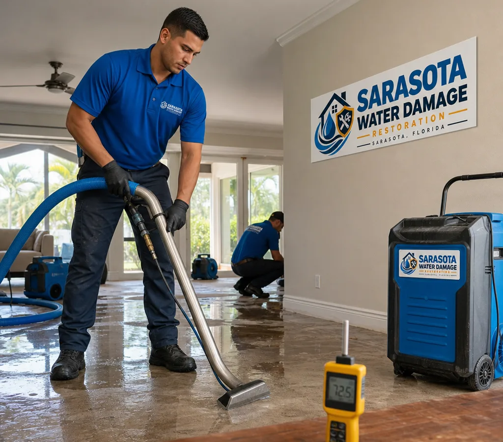 Technicians extracting standing water from a Sarasota home while using moisture meters with air movers staged nearby