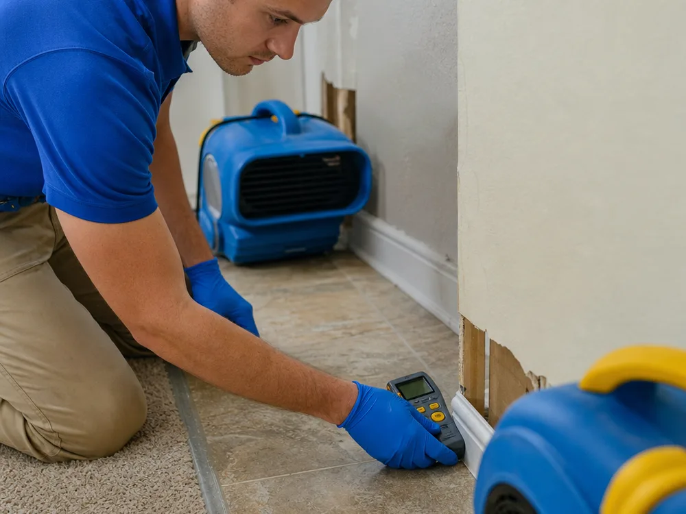 Technician taking moisture readings near a baseboard and tile transition with air movers placed along the wall