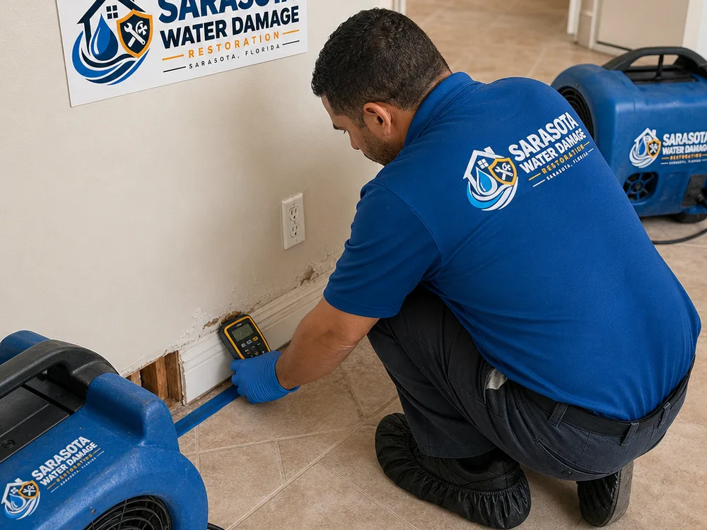 Technician taking moisture readings near a baseboard and tile transition with air movers placed along the wall