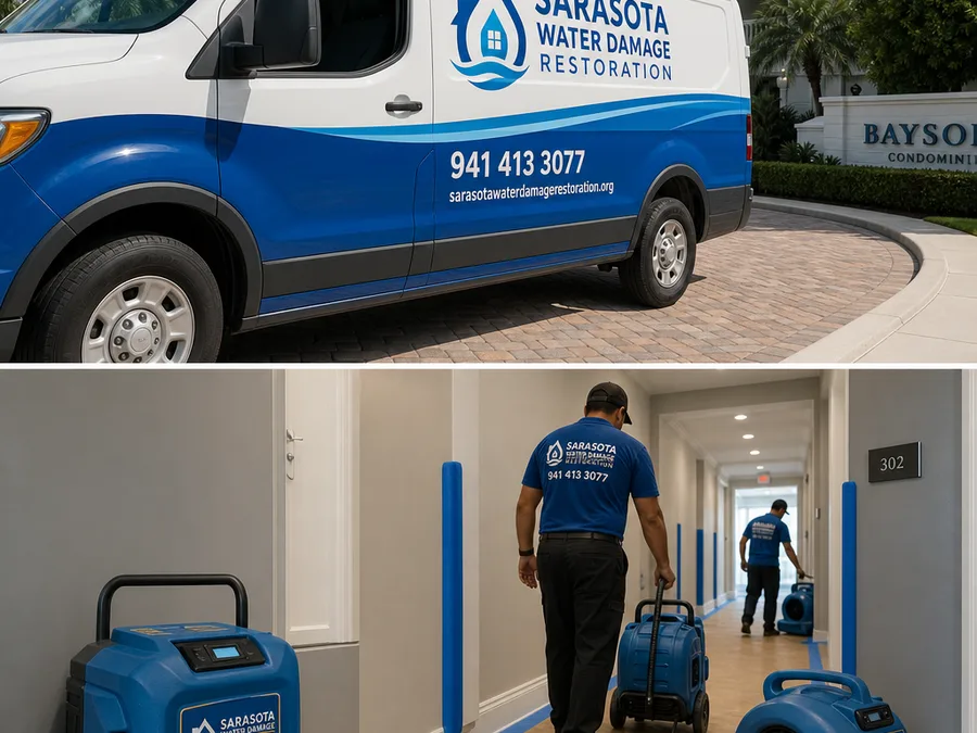 Technicians staging air movers and a dehumidifier in a protected condo hallway