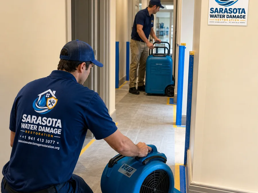 Technicians staging air movers and a dehumidifier in a protected condo hallway