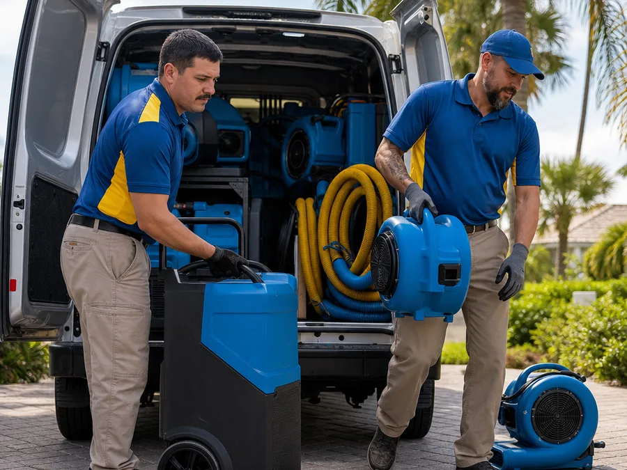 Restoration technicians loading dehumidifiers and air movers from a Sarasota service vehicle