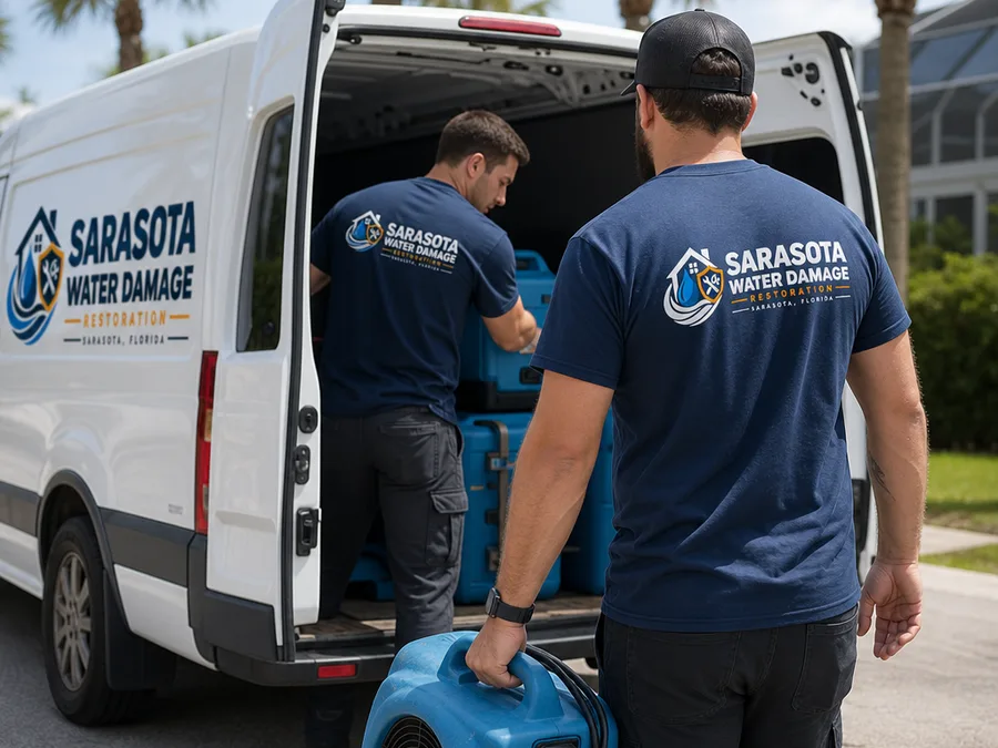 Restoration technicians loading dehumidifiers and air movers from a Sarasota service vehicle